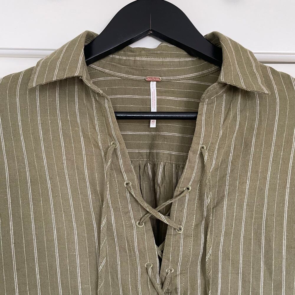 Free People Under The Boardwalk Linen Cotton Olive Striped Peasant Top XS Boho - Picture 4 of 6